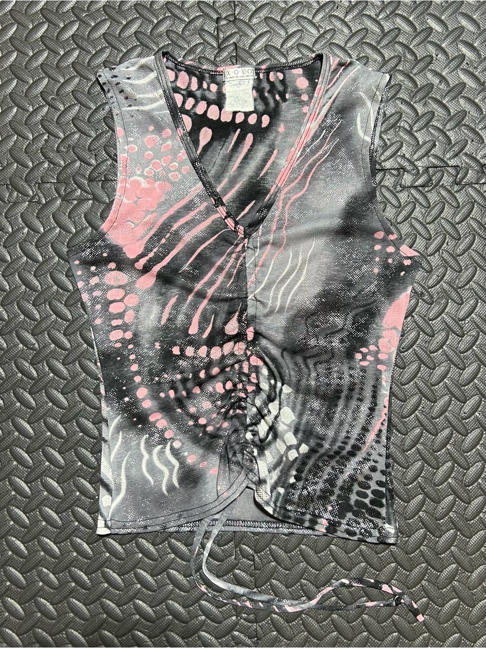 Vintage XOXO Tank Top V Neck Sleeveless Ruched Abstract Pink Y2K Womens Small